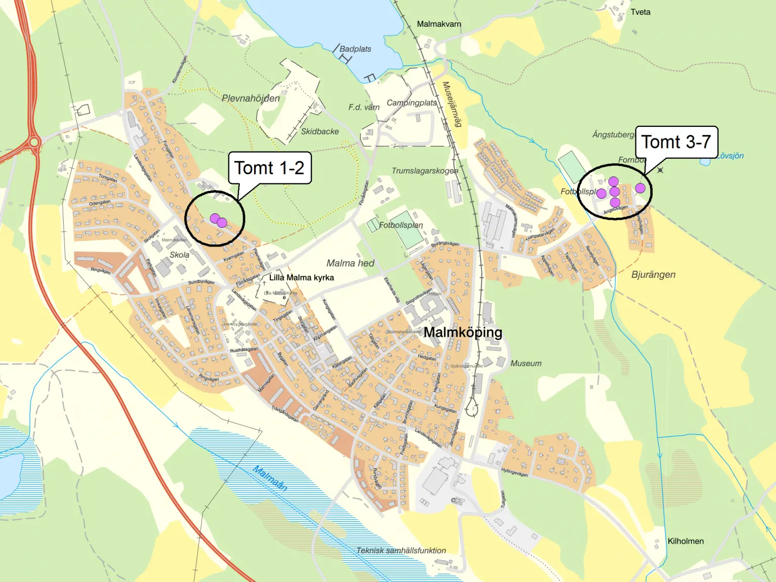 karta över lediga hustomter i Malmköping