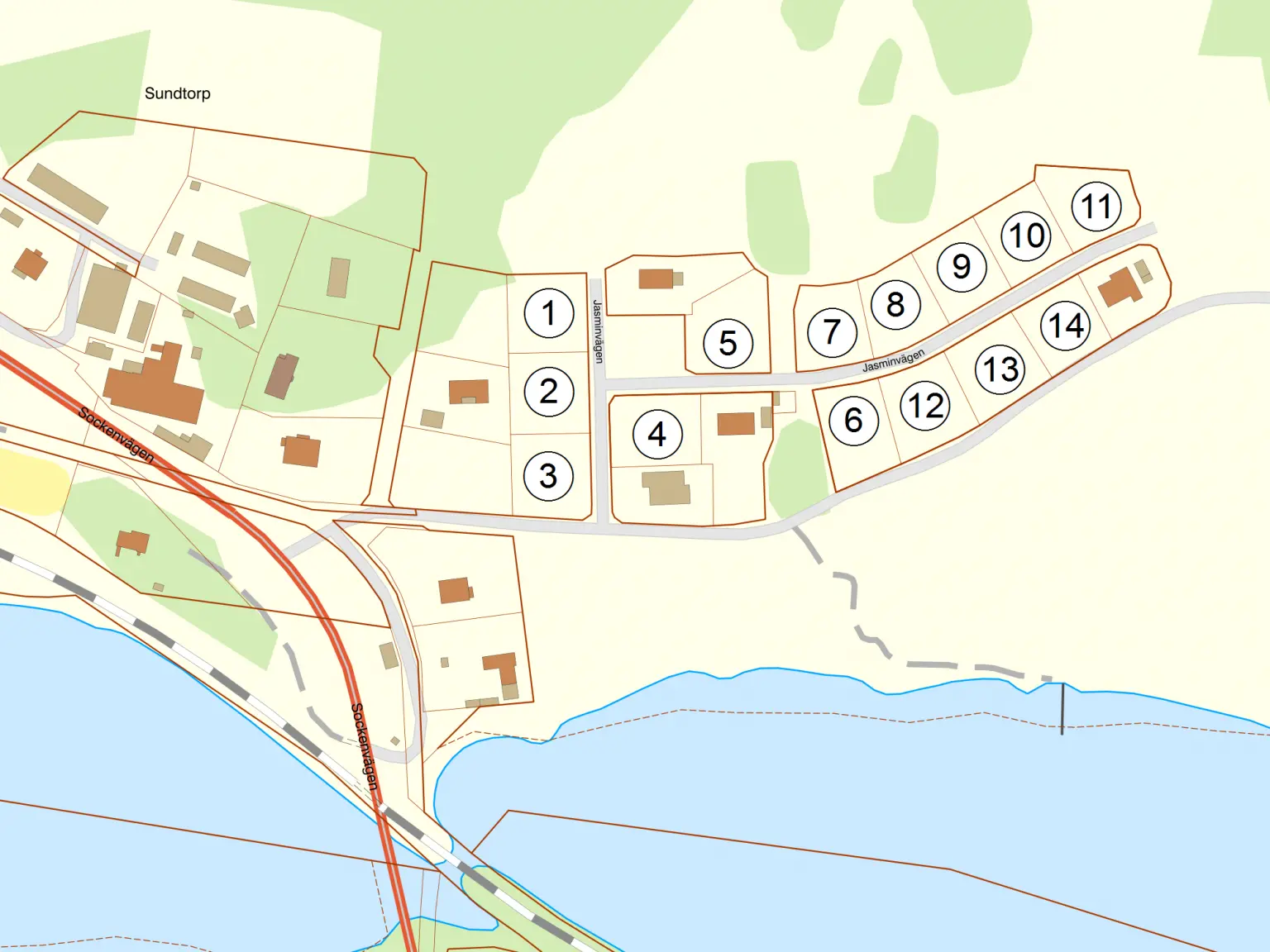 Karta över lediga hustomter i Mellösa